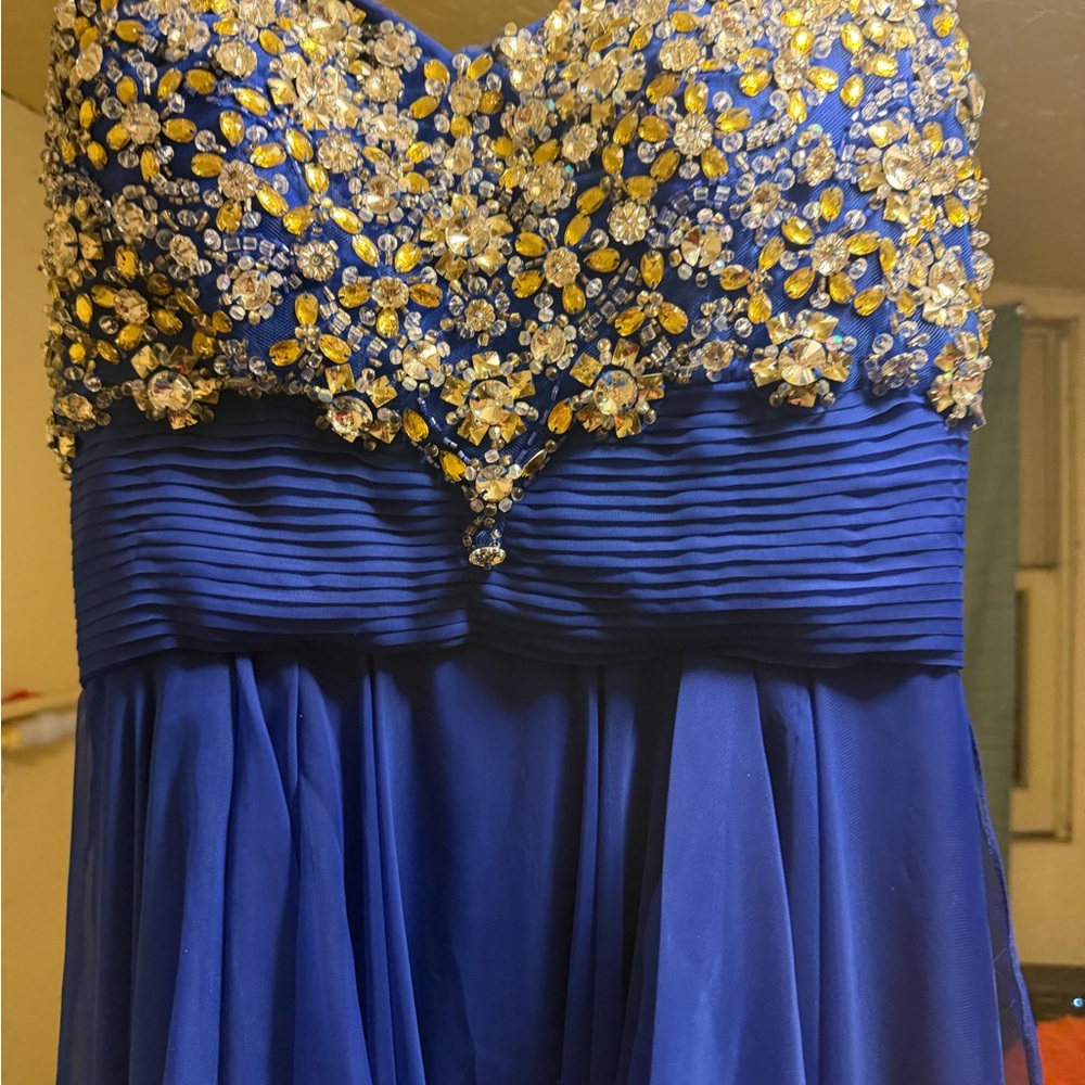Elegant Blue and Gold Embellished Prom Dress